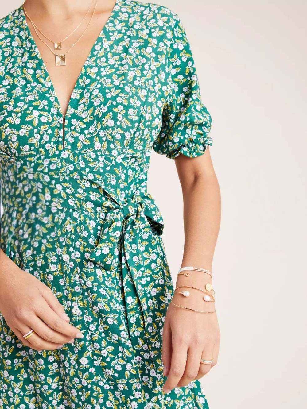 Faithfull the Brand Anthropologie Green Floral Wrap Midi Dress with Puff Sleeve - Picture 3 of 11